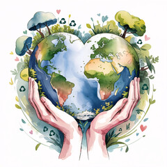 Watercolor illustration of heart-shaped hands cradle the Earth, symbolizing love and care for the environment.