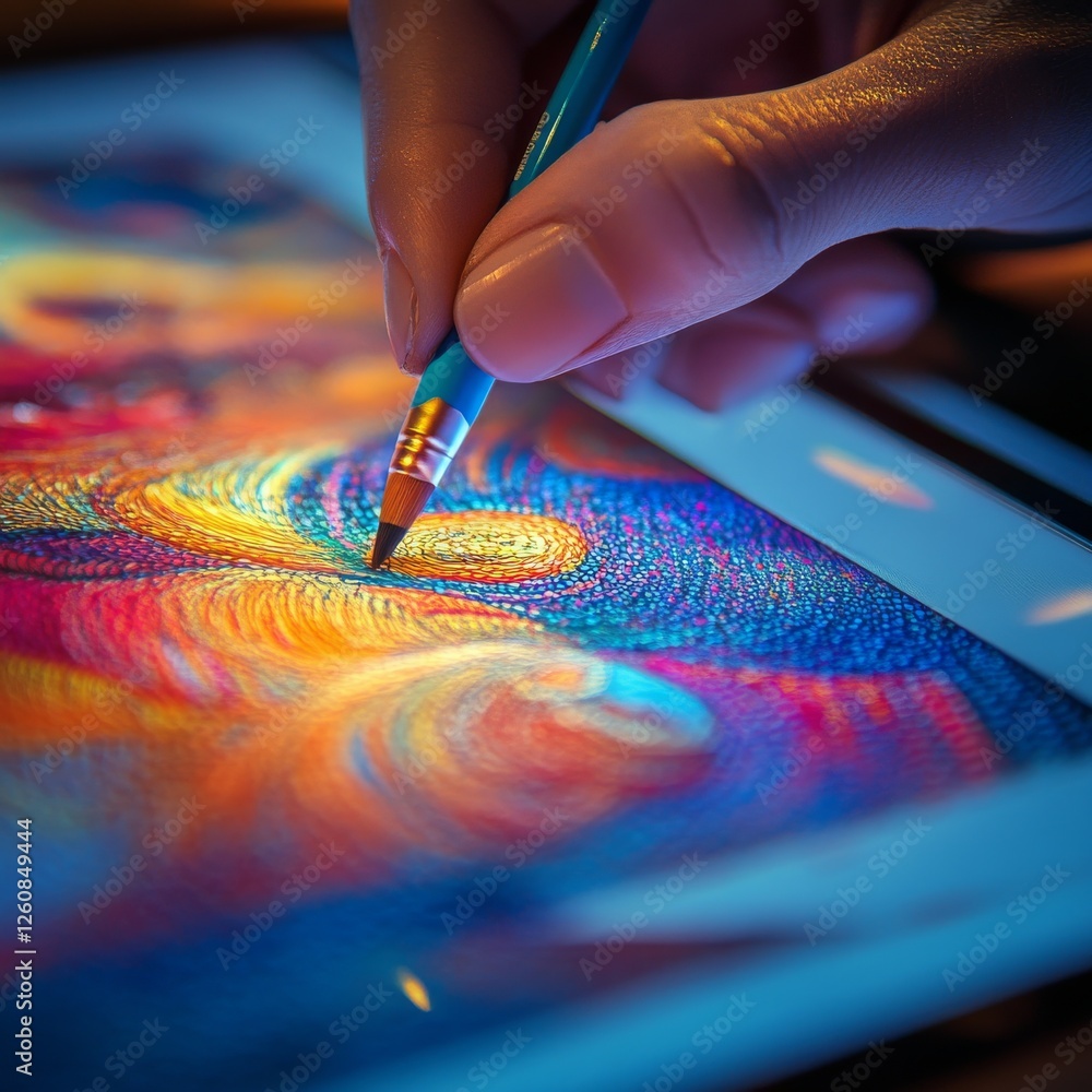 Aufkleber digital canvas: a close-up of an artist's hand using a stylus to create vibrant, swirling art on a t