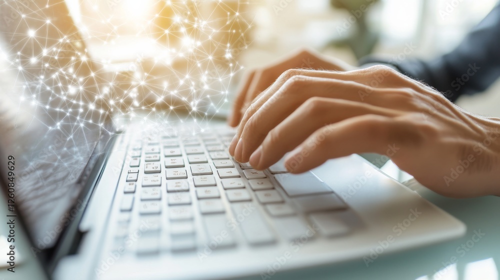 Poster human hands typing on laptop with networking connection overlay, symbolizing modern communication an