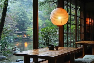Tranquil japanese-inspired dining room serene garden view interior design cozy atmosphere inviting ambiance minimalism