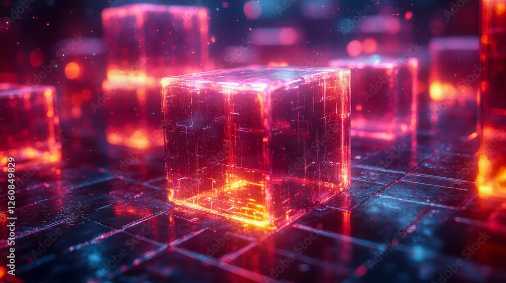 Poster abstract neon cubes floating in a futuristic digital space with glowing reflections and intricate de