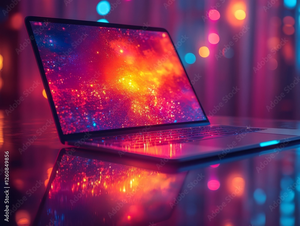 Poster laptop displaying galaxy artwork in a futuristic, vibrant setting with neon lights and reflections o