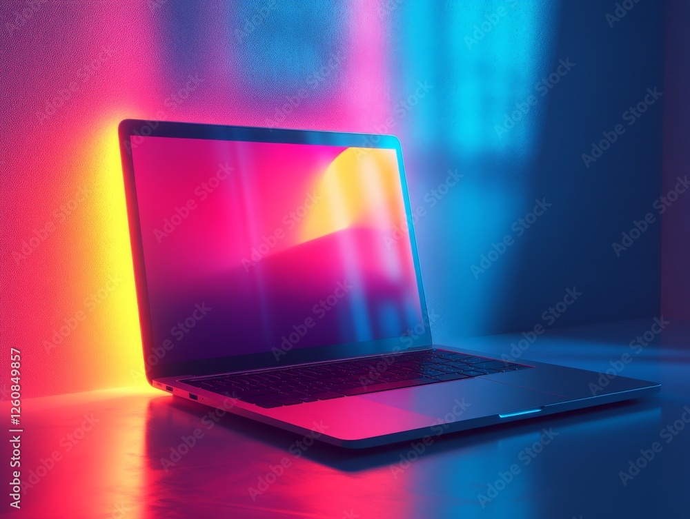 Aufkleber laptop illuminated by vibrant neon lights, creating a modern and futuristic ambiance for productivit