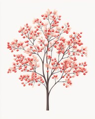 Fototapeta premium Colorful tree illustration with pink blossoms and berries against a light background, showcasing nature's beauty and vibrant aesthetics.