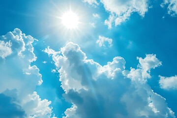 Blue sky with clouds and sun. View from above. Nature background