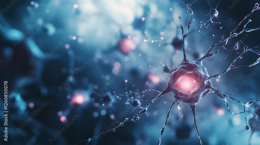 Poster Glowing neural network of interconnected neurons representing the complex electrical activity and synaptic transmission within the human brain  This abstract