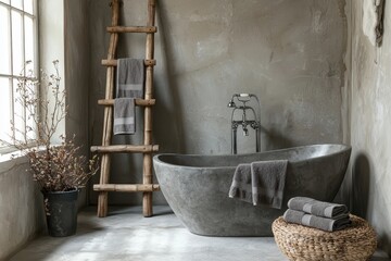Elegant muted bathroom design featuring smooth concrete walls contemporary aesthetics cozy environment minimalist viewpoint