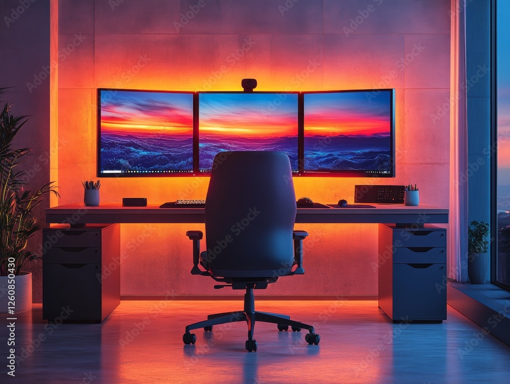 Poster serene home office setup with a breathtaking sunset view displayed across three monitors, enhanced b