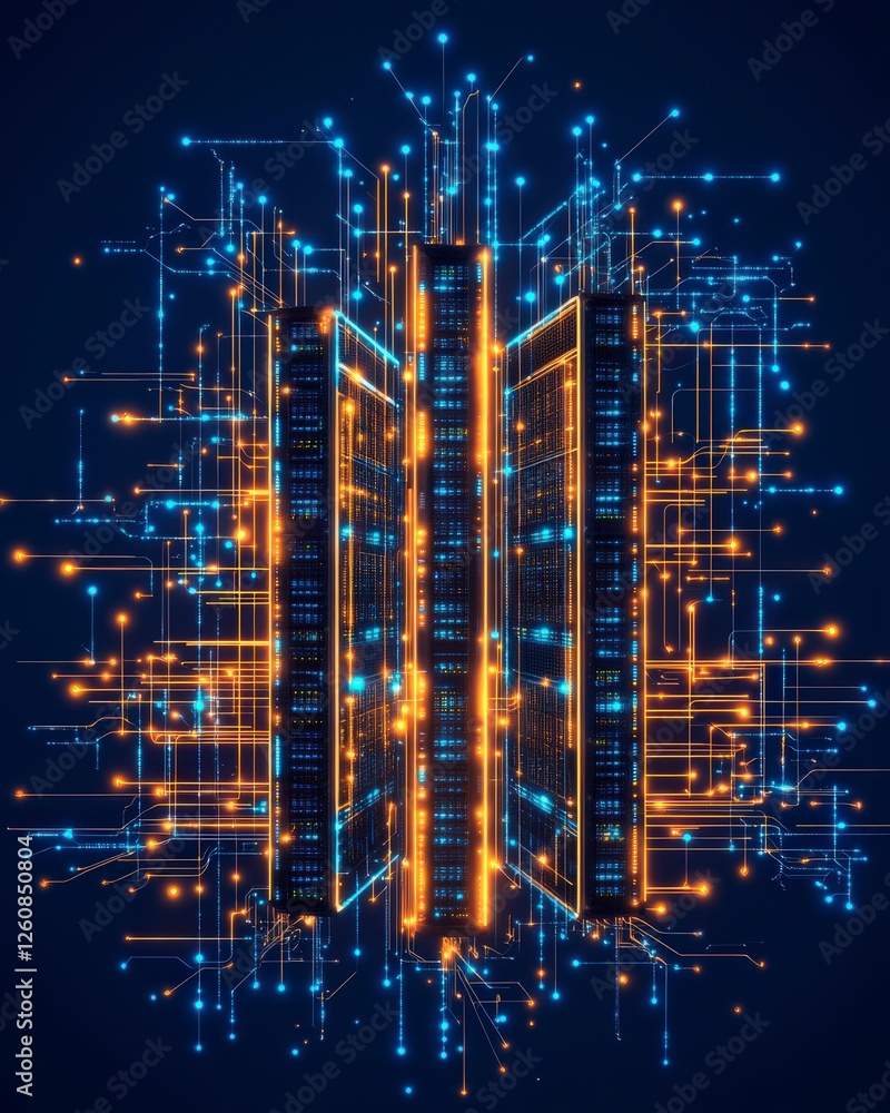 Poster abstract digital artwork depicting a network of glowing lines and towers, representing technology an