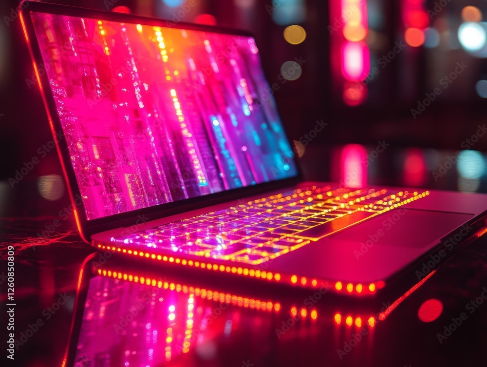 Poster sleek laptop with vibrant neon glow display and keyboard illuminated in pink and yellow against a bl