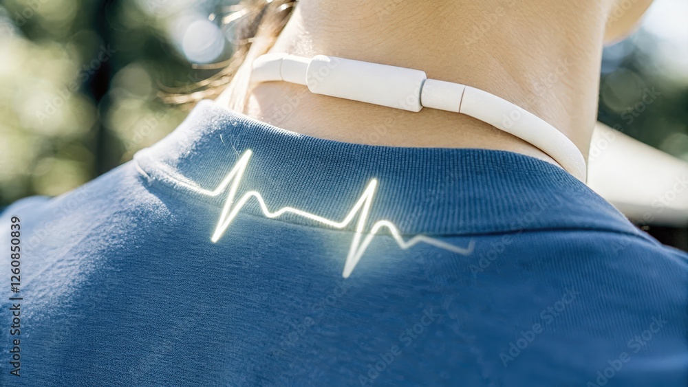 Poster an intimate view of a neck with augmented skin where health sensors are embedded and emit a soft lig