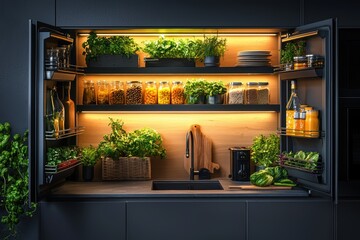 Sleek black and white kitchen design featuring handleless cabinets and abundant greenery modern home interior photography contemporary style