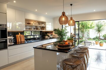 Modern black and white kitchen design indoor space interior photography elegant environment wide angle sleek aesthetics