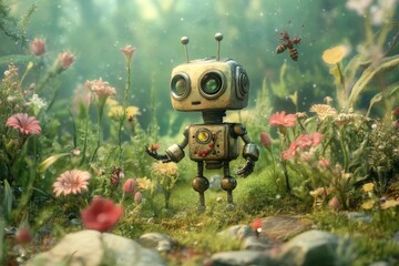 Small robot in flowery field