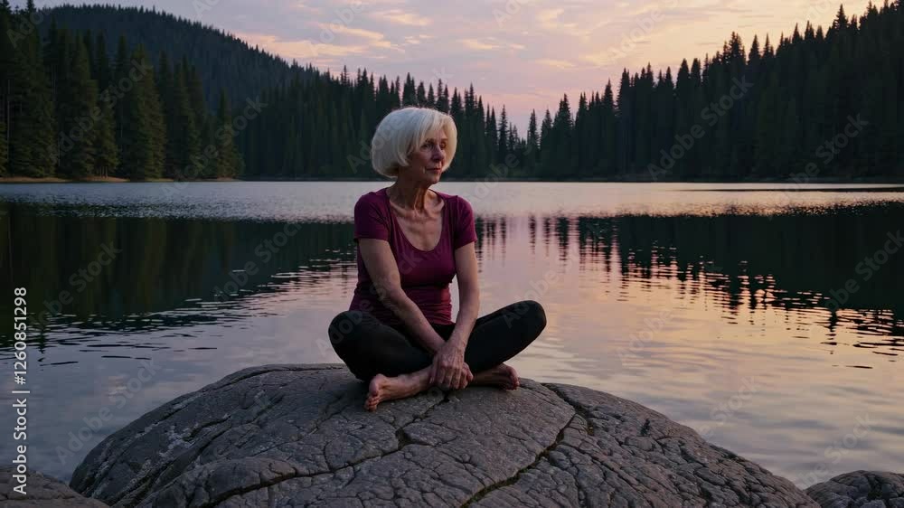 Poster calm reflection at dusk by the serene lake surrounded by tall trees
