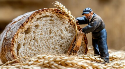 Miniature Baker Harvesting Wheat Beside Giant Bread Slice
