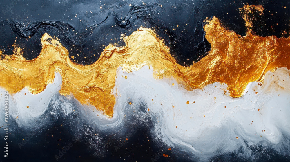 Poster abstract artistic image with fluid golden and black waves resembling paint flowing in a dynamic comp