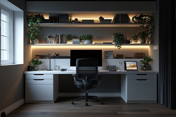 Monochrome workspace design modern office interior photography minimalist environment creative viewpoint aesthetic concept