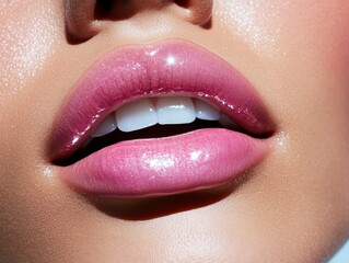 Close-up of glossy, pink lips with a bright shine, showcasing a fresh and vibrant look, ideal for beauty and cosmetic themes.
