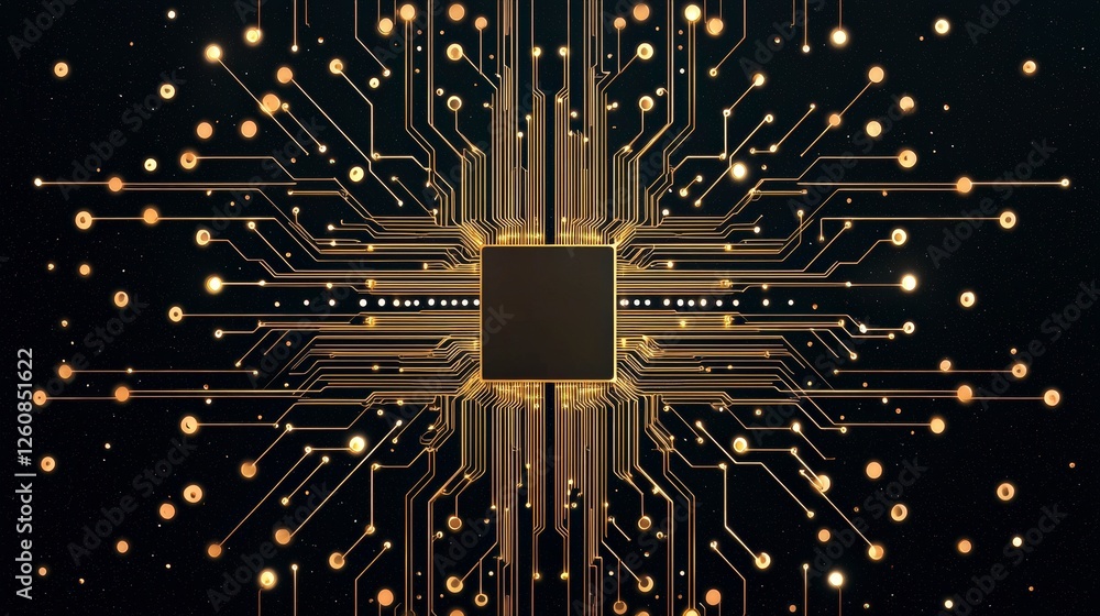 Poster futuristic circuit design with a central black processor surrounded by golden lines and glowing dots