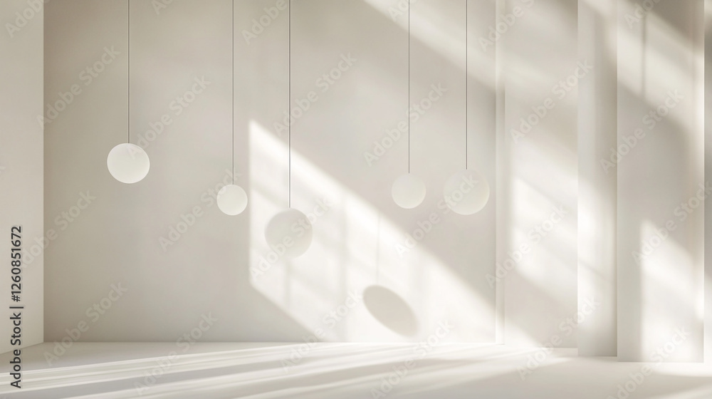 Poster light streaming through a minimalist space with hanging circular lamps and soft shadows