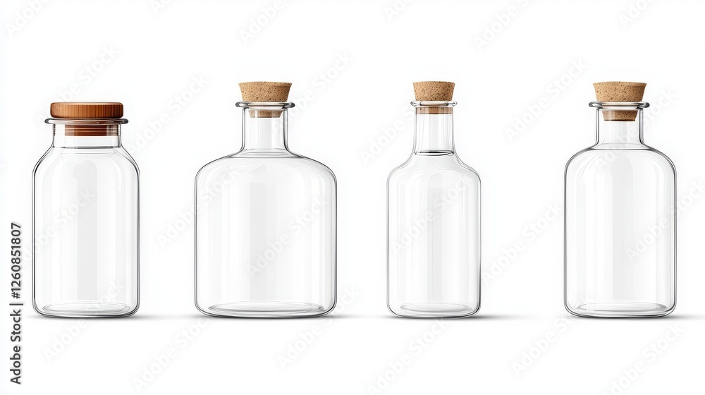 Poster Four glass bottles with cork lids displayed in a row, showcasing different sizes and shapes for storage or decoration.