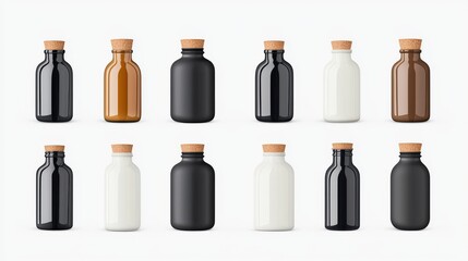 Assorted glass bottles in various colors and sizes, featuring wooden corks, arranged in a grid pattern.