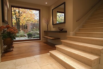 Modern entryway design featuring floating console and framed mirror cozy outdoor view stylish home decor contemporary aesthetics