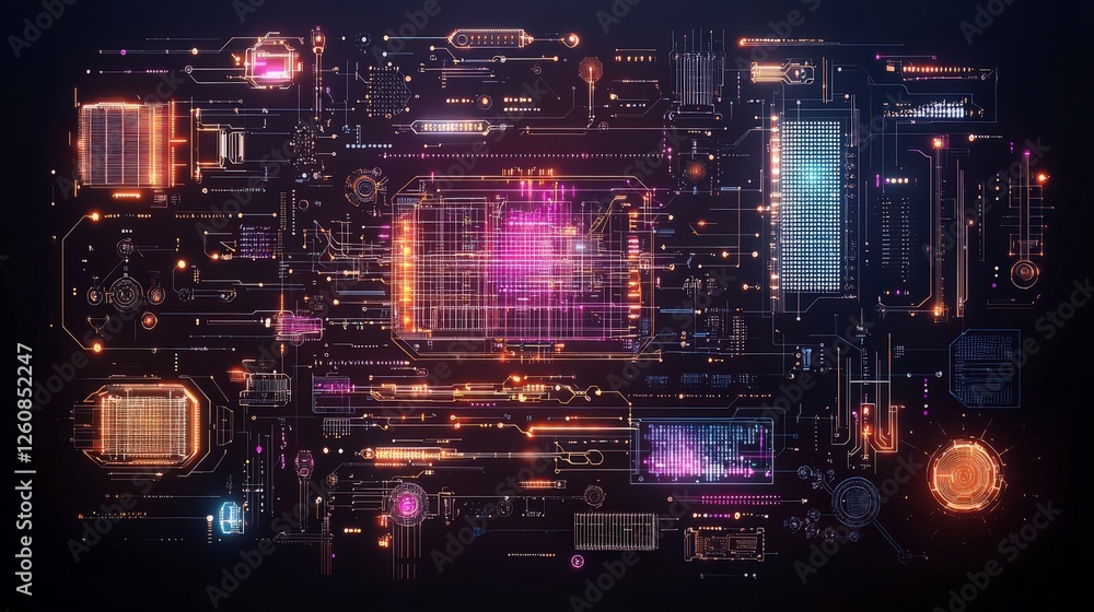 Poster abstract digital cityscape with vibrant neon lights and intricate data visualizations creating a fut