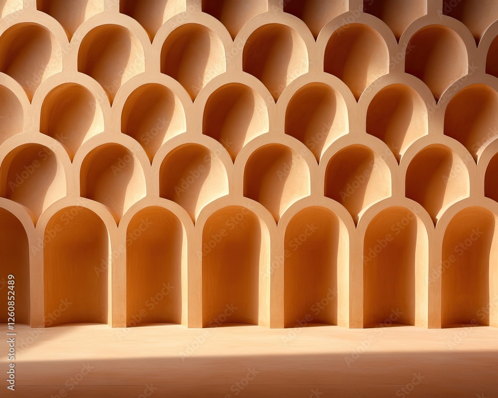 Aufkleber a repetitive pattern of curved arches in a warm-toned material, creating a visually striking and tex
