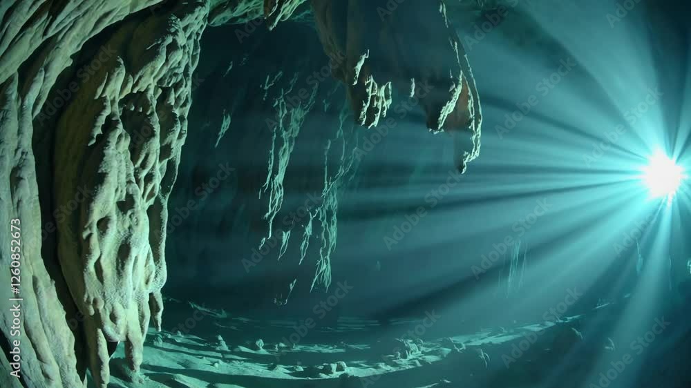 Poster sunlight beams illuminate mysterious cave with stalactites in dynamic sequence