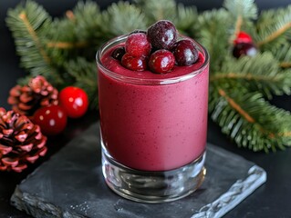 A vibrant berry smoothie topped with fresh berries, surrounded by festive greenery and pinecones,...