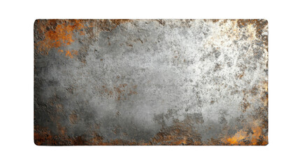 Rusty metal plate showing corrosion and decay on transparent background