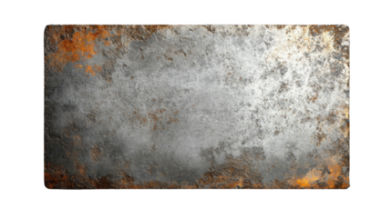 Rusty metal plate showing corrosion and decay on transparent background