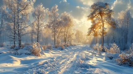 Walking on a snowy path in a winter Russian forest, the crunch of snow underfoot, sun glinting off the white trees