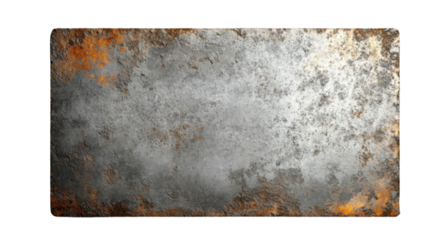 Rusty metal plate showing corrosion and decay on transparent background