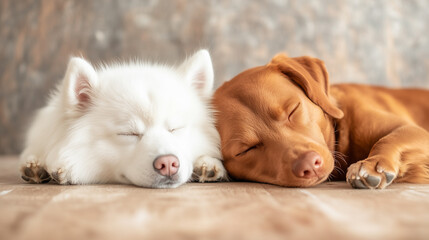 white and brown dogs sleeping together on wooden floor