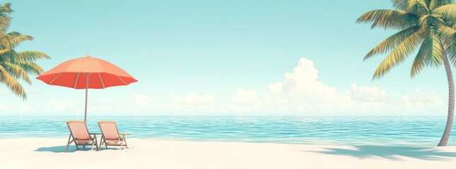 Tropical Beach Scene with Umbrella and Chairs