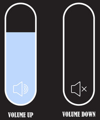 Volume up and volume down icon isolated set black background.  Vector isolated sound volume up, down. Volume control vector icons set. Isolated sound controlling, down, up. Speaker volume up and down.