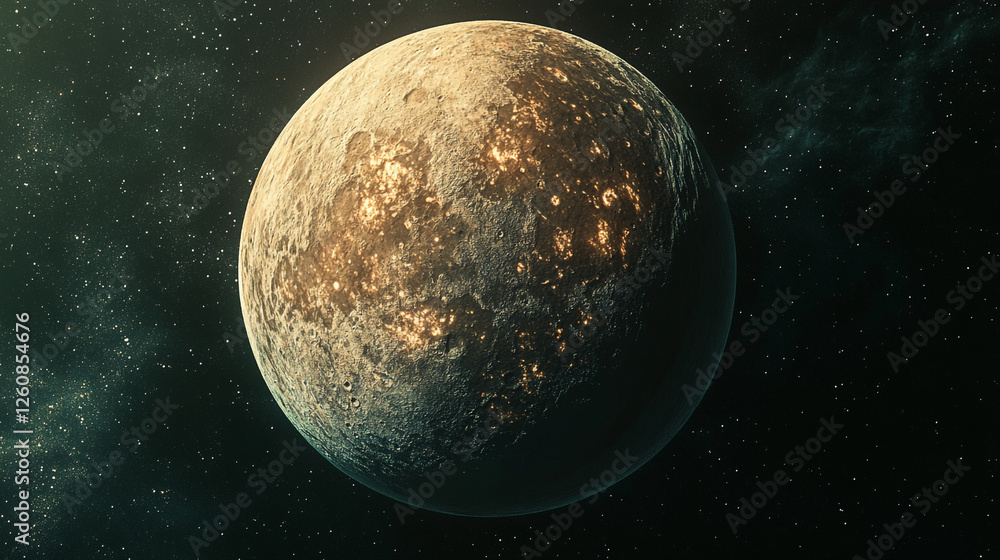 Poster colorful view of a distant planet with surface features in an expansive galaxy