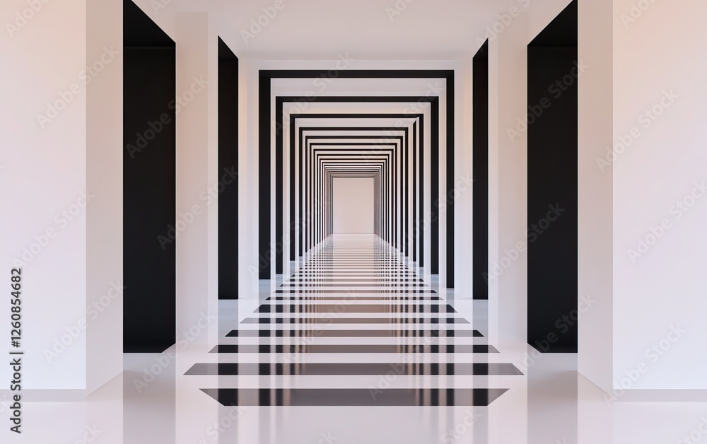 Poster a minimalist corridor with black and white geometric patterns creates a sense of depth and perspecti