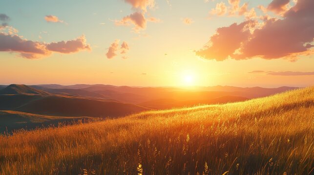 Golden sunrise over rolling hills and vibrant grasslands