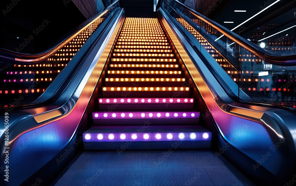 Aufkleber a brightly lit escalator with colorful led lights illuminating the steps, creating a vibrant and mod
