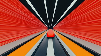 A vibrant, abstract image featuring dynamic lines converging towards a central red shape, creating a sense of motion and depth.