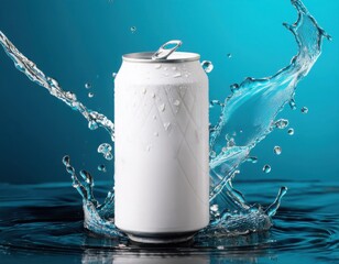 White soda can in an abstract scene, splash forming geometric patterns
