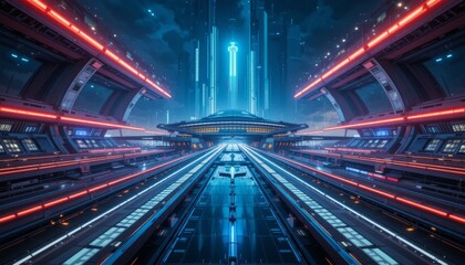 Fototapeta premium High-speed futuristic highway with neon lights and glowing lanes