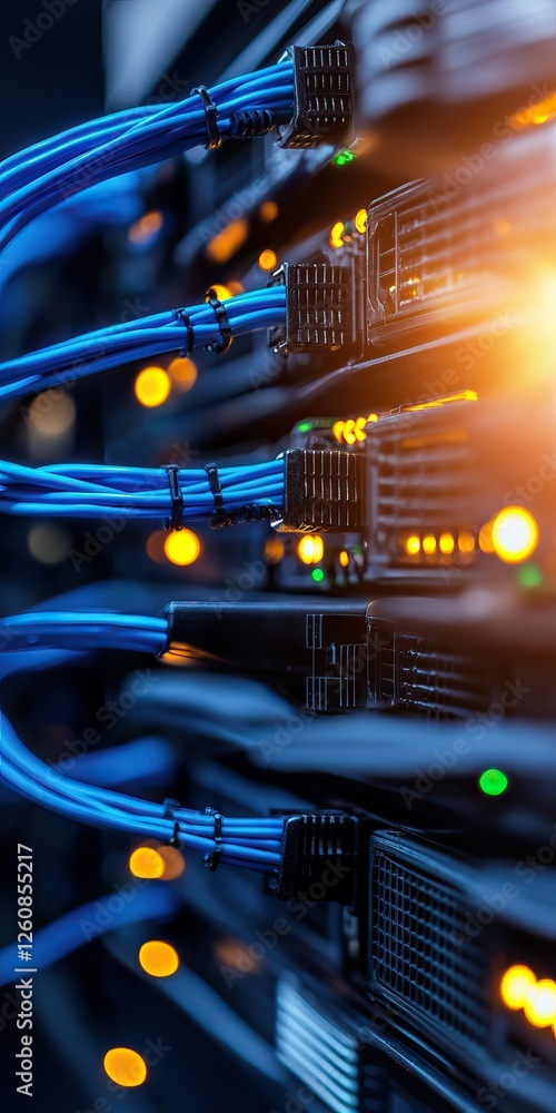 Poster a close-up view of server racks with blue cables and illuminated indicator lights, showcasing a mode