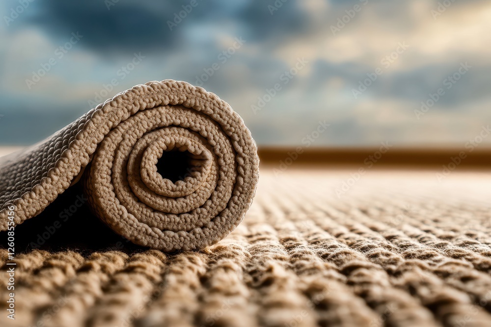 Poster natural fibers roll up on a textured surface with a dramatic cloudy sky in the background at dusk