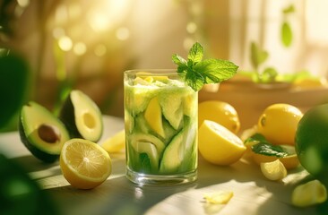 Fototapeta premium Refreshing Detox Drink: Avocado, Lemon, and Mint Infused Water