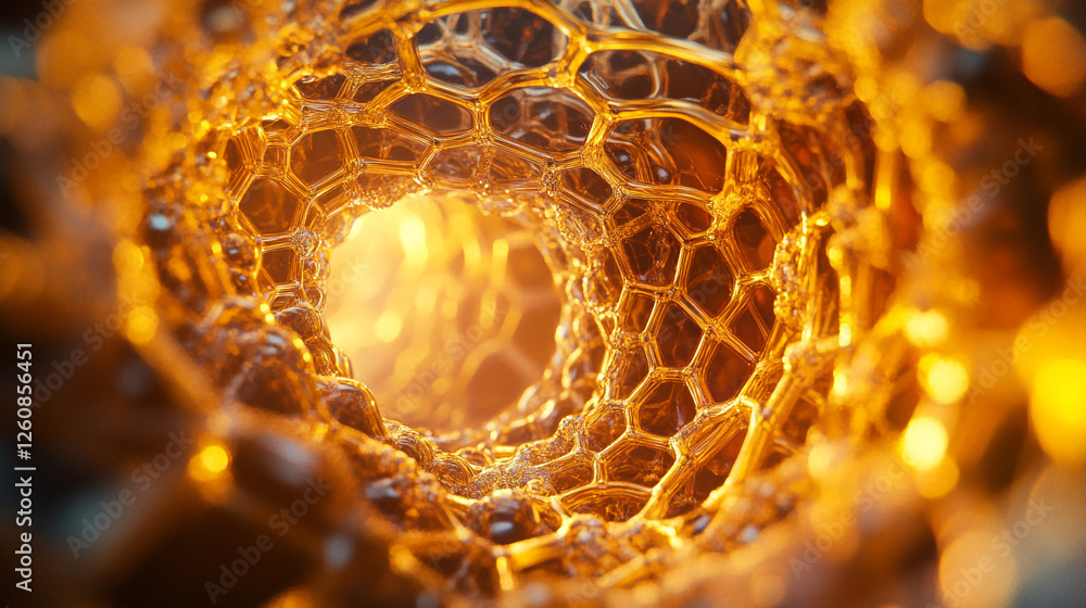 Poster intricate golden honeycomb structure illuminated from within by a warm light